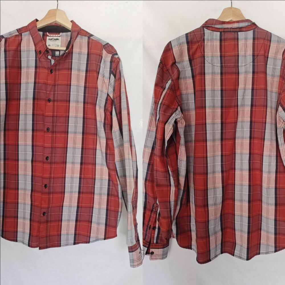 OurCaste‎ Our Caste Shirt Button Down Up Plaid Red Gray Black Moisture Wicking L